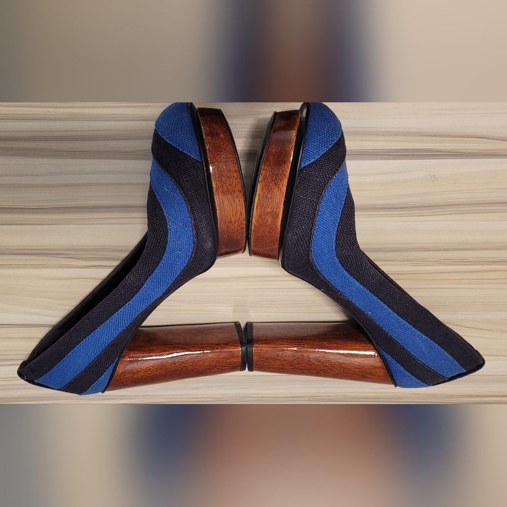 Tory Burch Black and Blue Wedges with Wooden Heel